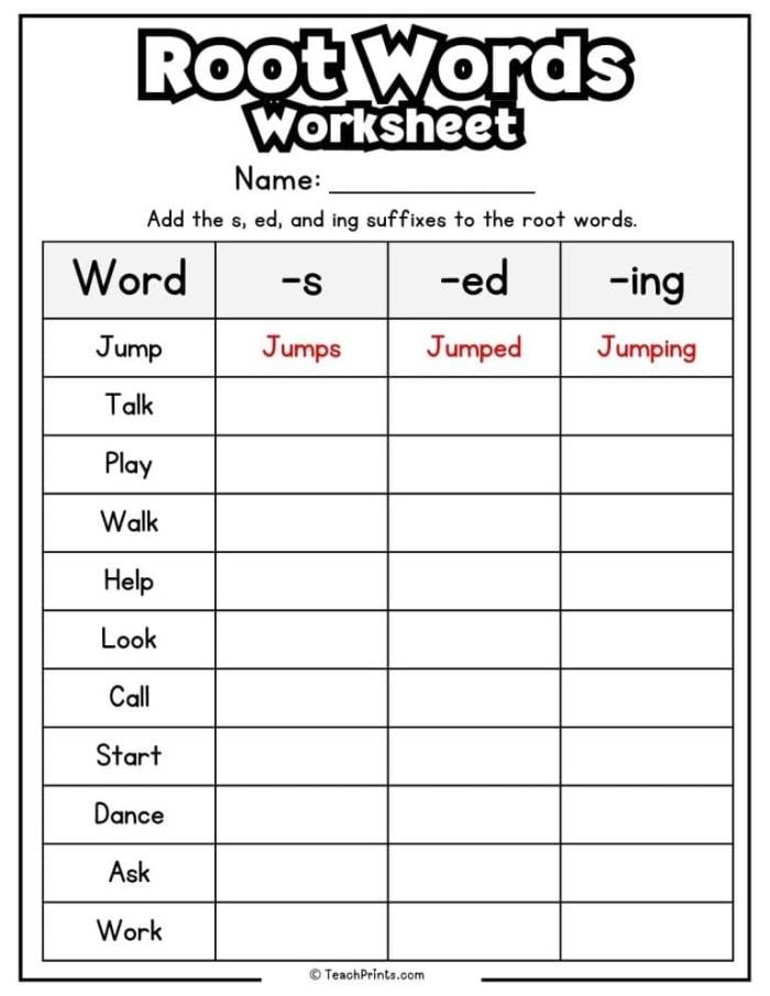 Worksheet for identifying root words in a word search puzzle for third graders