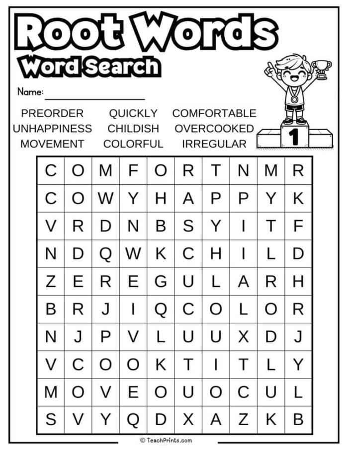 Worksheet designed for third graders to identify root words in a word search puzzle. Find the Root Words worksheet for engaging alphabet practice.