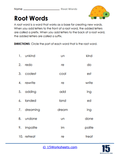 Worksheet featuring a word search puzzle for identifying root words aimed at third graders