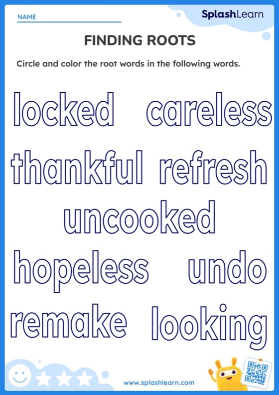 Worksheet for identifying root words in a word search puzzle for third graders