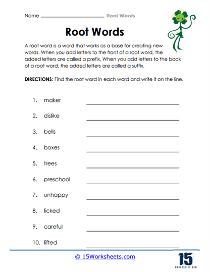Worksheet for identifying root words in a word search puzzle for third graders