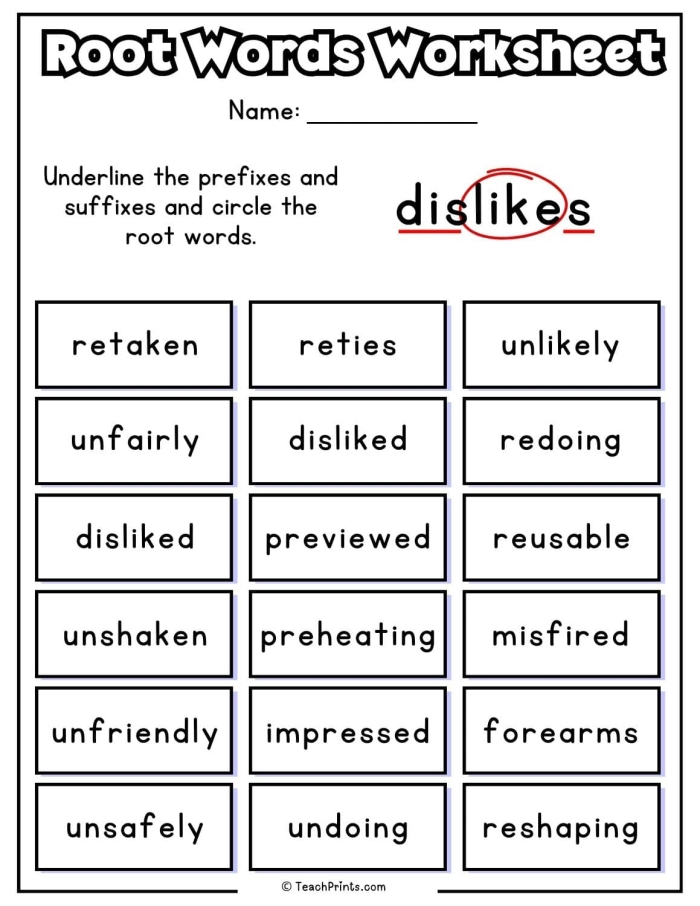 Worksheet for finding root words in a word search puzzle for third graders