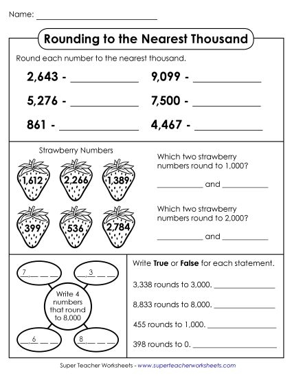 Measurement worksheet for Third Grade Children engaged in a rounding to the nearest thousand worksheet for third grade. Educational activity focusing on rounding and place value skills.