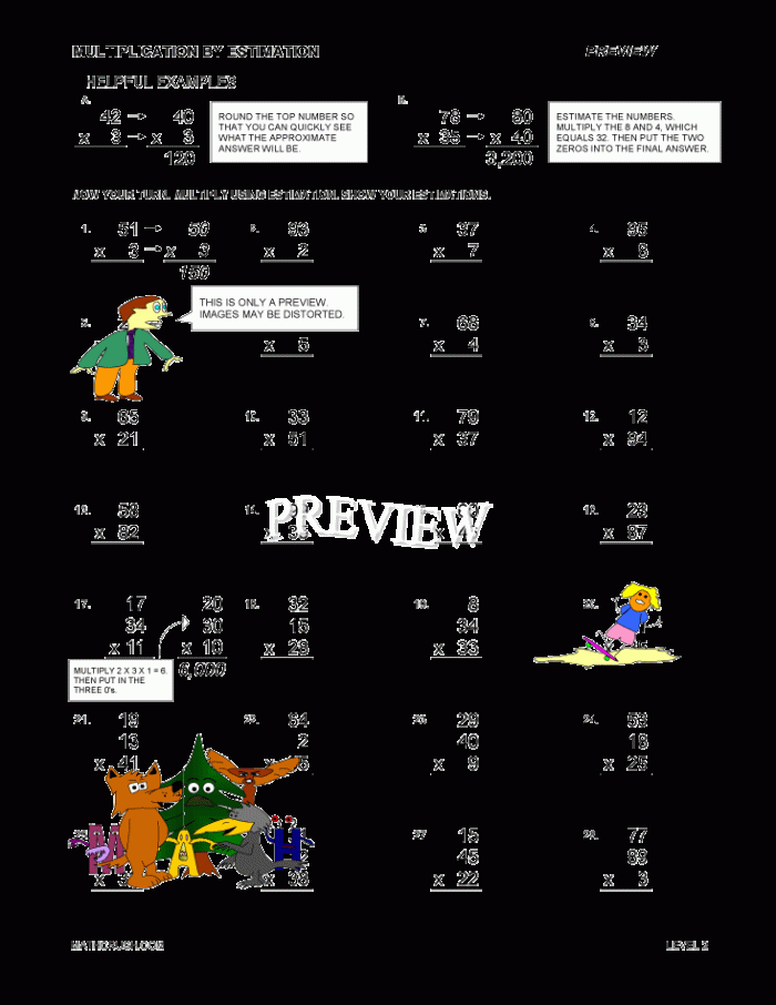 Third grade math worksheet showing rounding and estimation problems with sweet themed illustrations for practicing sum calculations