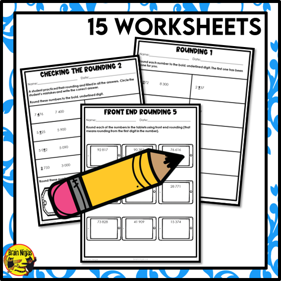 Third grade math worksheet showing rounding and estimation problems with two numbers for checking calculation results