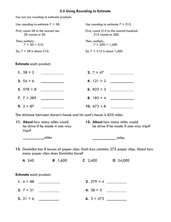 Third grade student practicing math estimation and rounding skills on a worksheet