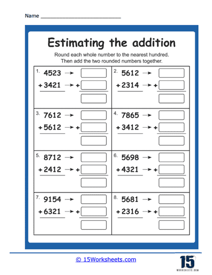 Third grade student completing a math worksheet focused on rounding numbers to estimate sums