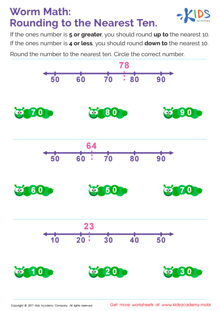 Rounding to the Nearest 10 Practice Problems for Elementary Math Learners Third grade math worksheet showing rounding exercises where students practice rounding two-digit numbers to the nearest 10 with visual number line guides