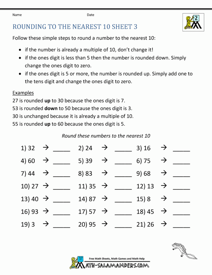 Rounding to the Nearest 10 Practice Activity for Elementary Math Learners Third grade math worksheet showing rounding exercises where students practice rounding two-digit numbers to the nearest 10 with visual number line aids