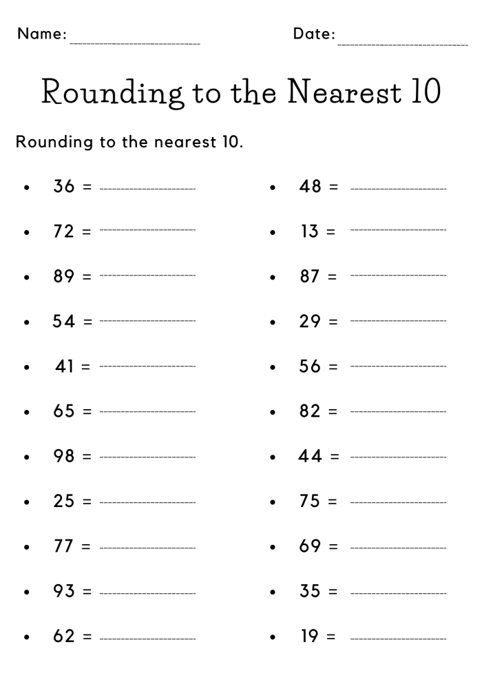 Rounding to the Nearest 10 Practice Problems for Elementary Math Learners A third grade math worksheet showing rounding exercises where students practice rounding two-digit numbers to the nearest ten with visual number line guides