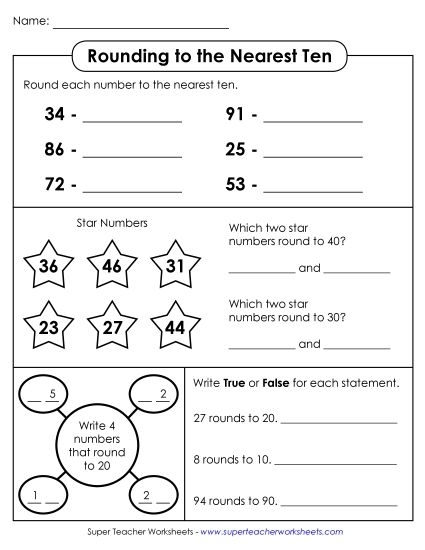 Third grade math worksheet for practicing rounding numbers to the nearest ten and hundred