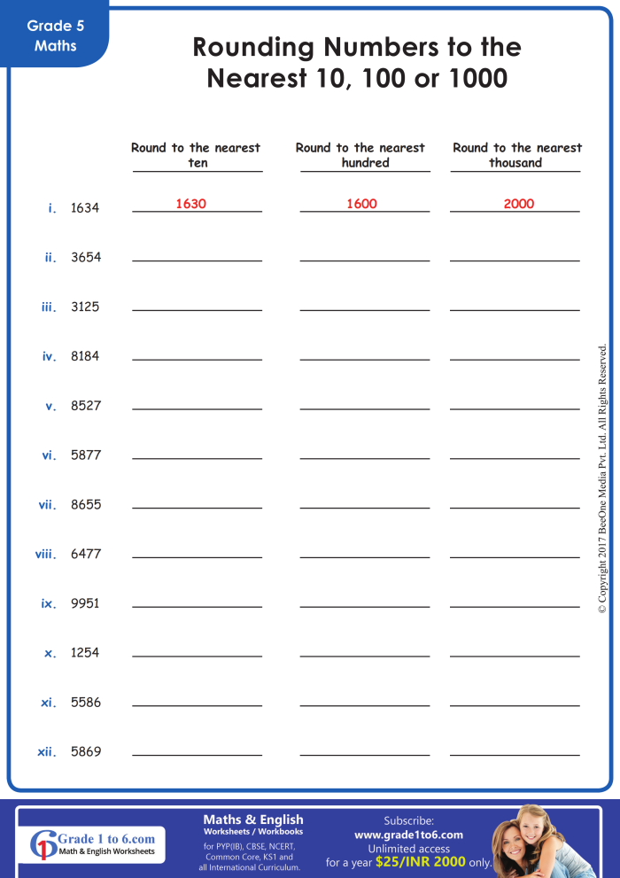 Rounding to Tens Hundreds and Thousands Practice Worksheet for Grade 3 Third grade math worksheet showing rounding practice problems for tens, hundreds, and thousands place values with example exercises