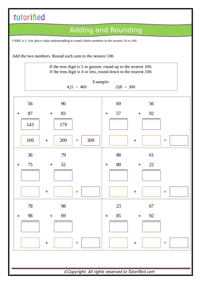 Third grade math worksheet featuring rounding strategies to estimate differences between numbers