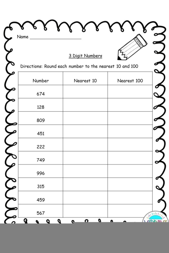 Third grade math worksheet for rounding numbers to the nearest ten and hundred