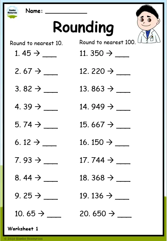 Third grade math worksheet featuring rounding techniques for estimating differences between numbers