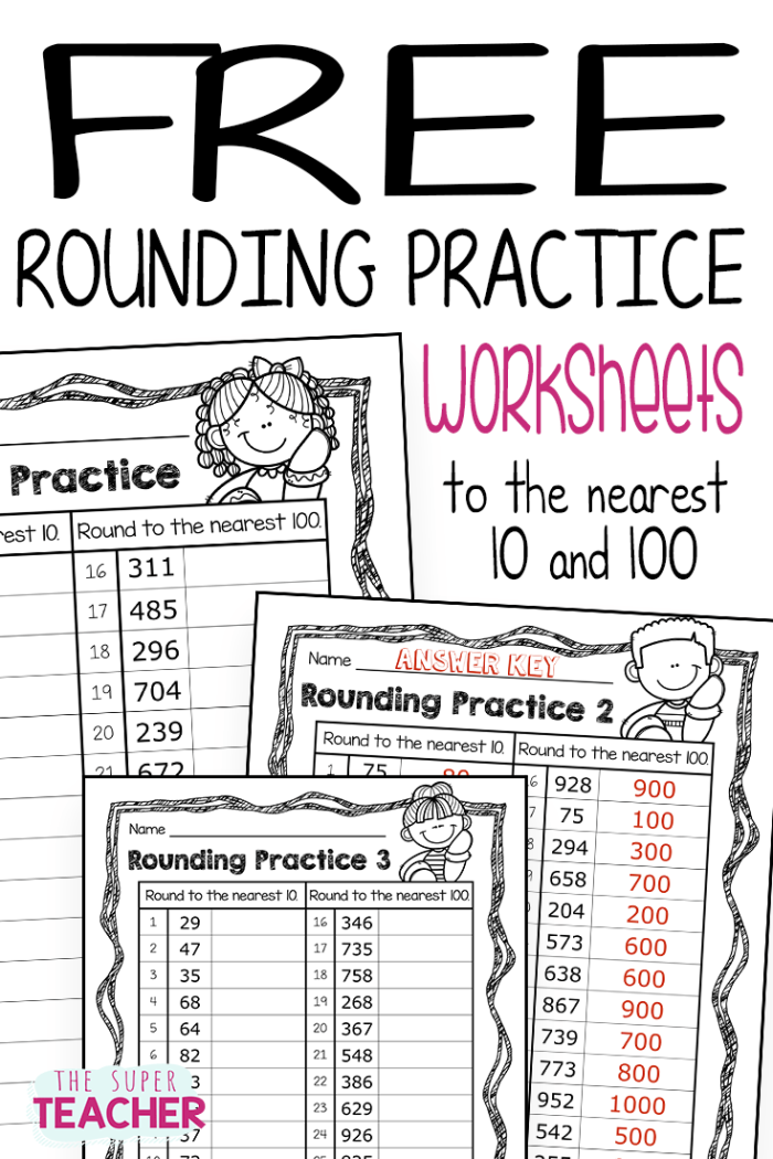 Third grade math worksheet for practicing rounding numbers to the nearest ten and hundred