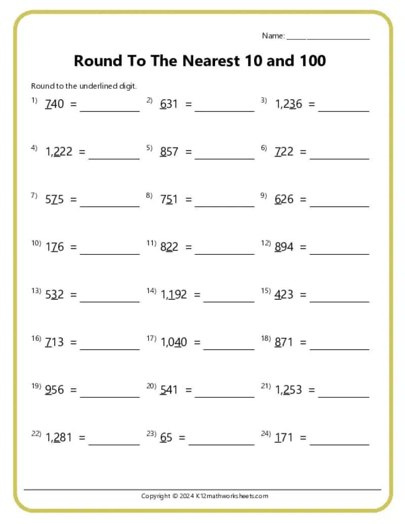 Third grade math worksheet featuring rounding techniques to estimate differences between numbers