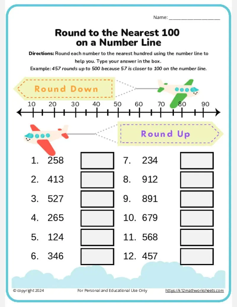 Worksheet featuring rounding exercises for third graders learning to round to the nearest ten and hundred
