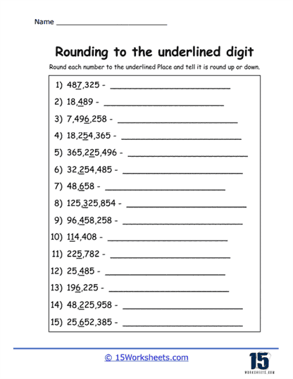 Third grade math worksheet for rounding numbers to the nearest ten and hundred titled Round Em Up