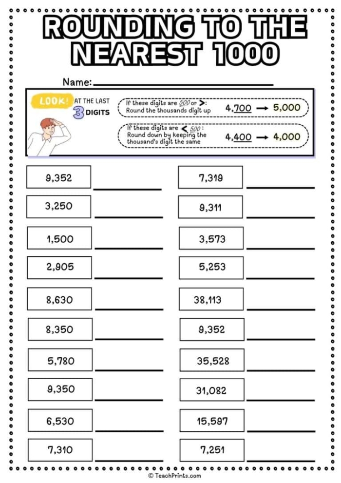 Worksheet for rounding to the nearest thousand for third-grade students Third graders practicing rounding to the nearest thousand with a worksheet