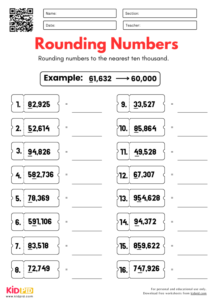 Worksheet showing students rounding numbers to the nearest ten and hundred for third grade math