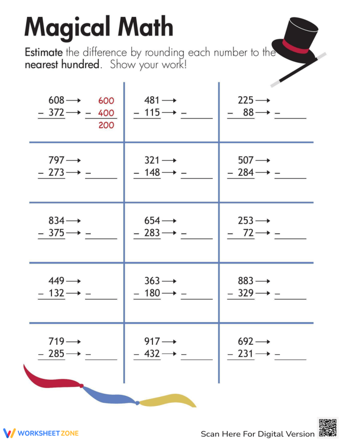 Third grade math worksheet featuring rounding concepts for estimating differences between numbers