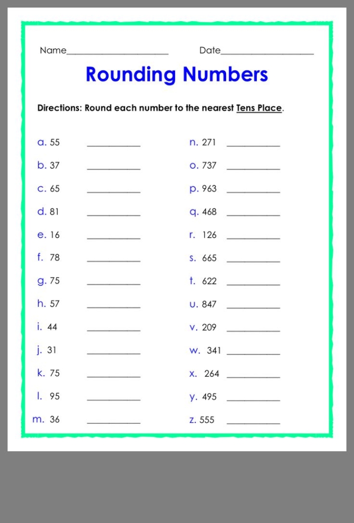 Third grade math worksheet featuring rounding techniques for estimating number differences