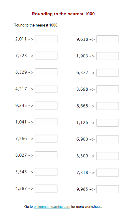 Rounding to the Nearest Thousand practice sheet for measurement skills Worksheet for rounding numbers to the nearest thousand designed for third graders
