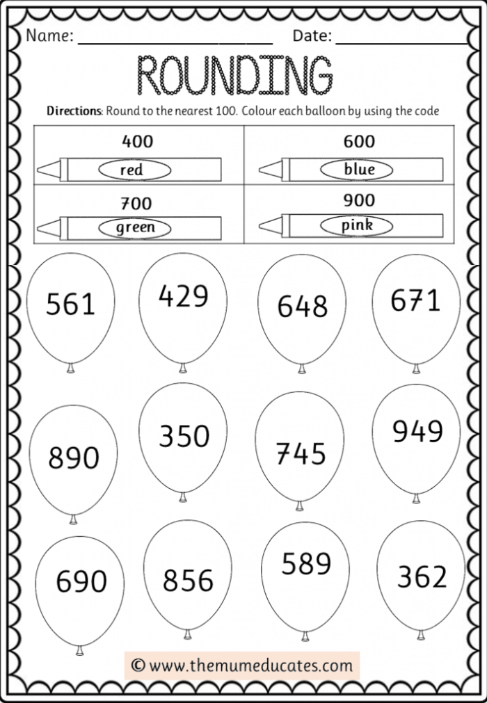 Rounding worksheet for third graders focusing on estimating differences between numbers