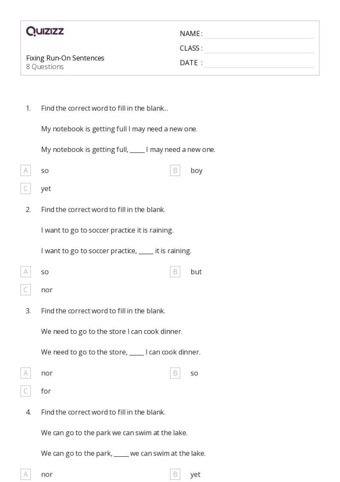 Work on Writing: Run-On Sentences Worksheet for Grade 3 Worksheet demonstrating run-on sentence correction for third graders