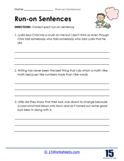 Run-On Sentences Worksheet: Work on Writing for Third Grade Learners Worksheet for correcting run-on sentences in handwriting practice for third graders