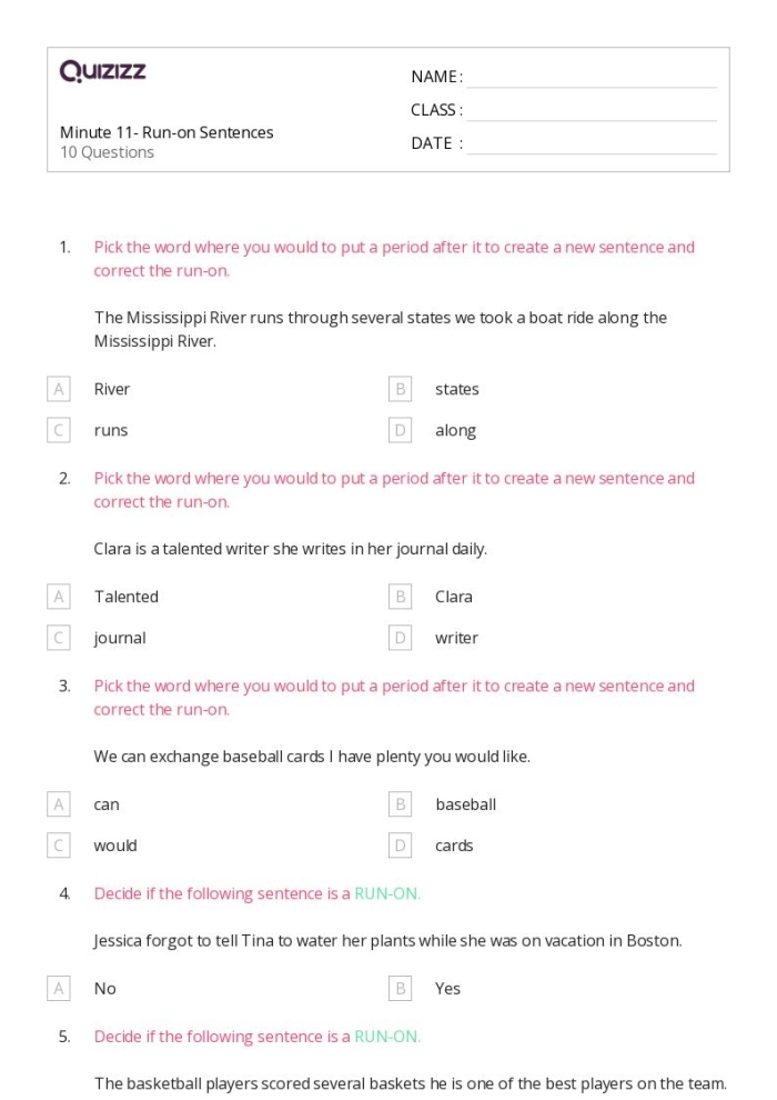 Work on Writing: Run-On Sentences practice sheet for students Worksheet for third graders focusing on correcting run-on sentences