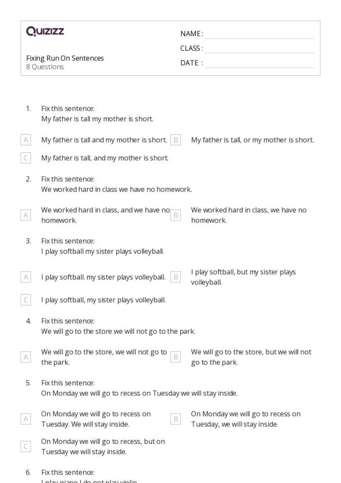 Third Grade Handwriting: Run-On Sentences Practice Worksheet Worksheet for third graders focusing on correcting run-on sentences in writing