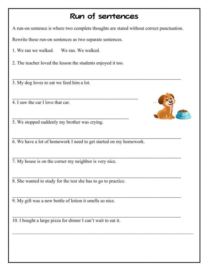 Run-On Sentences Worksheet for Handwriting Practice in Third Grade Worksheet for third graders focusing on correcting run-on sentences in writing practice