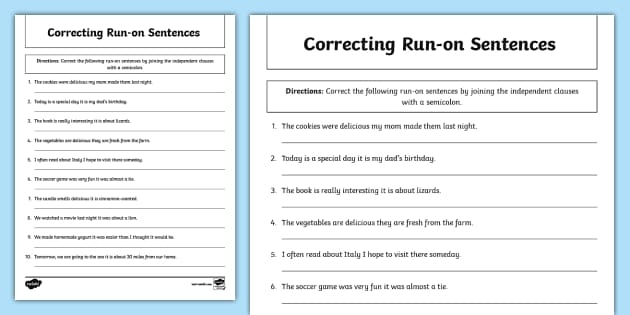 Work on Writing: Run-On Sentences Practice Sheet for Grade 3 Worksheet for identifying and correcting run-on sentences for third graders
