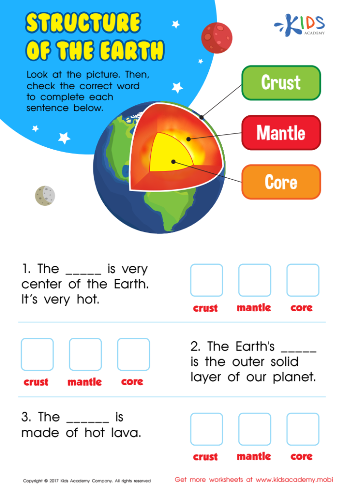 Illustration of the layers of the Earth for a third-grade science worksheet