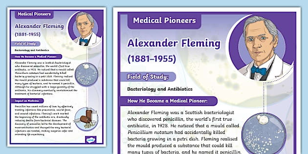 Third grade science worksheet featuring an illustration of Alexander Fleming and his discovery of penicillin
