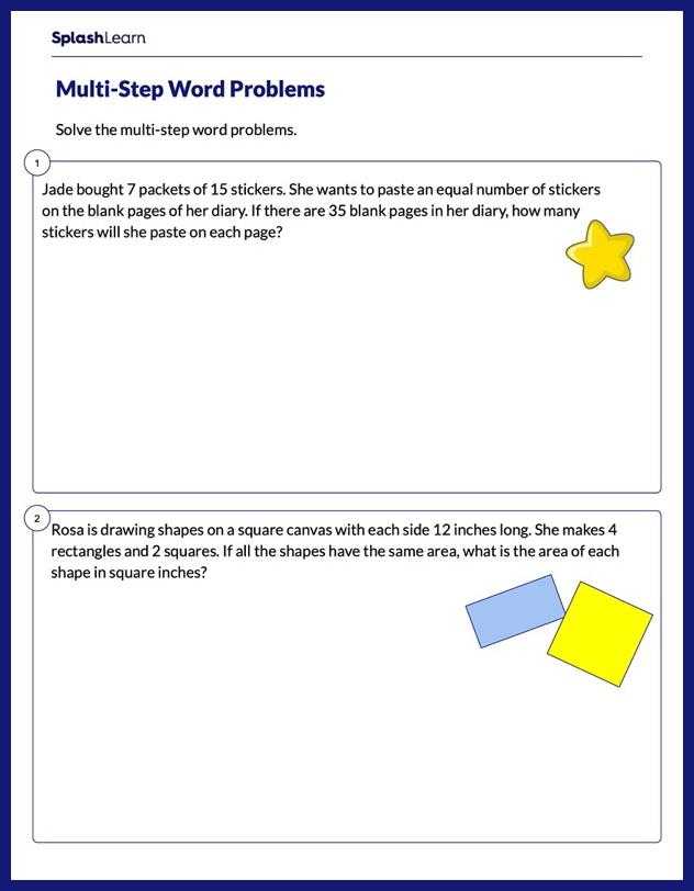Colorful Sea Creatures Word Problems worksheet designed for third graders to practice subtraction and multiplication. Engaging underwater-themed activity for multi-step problem solving skills.