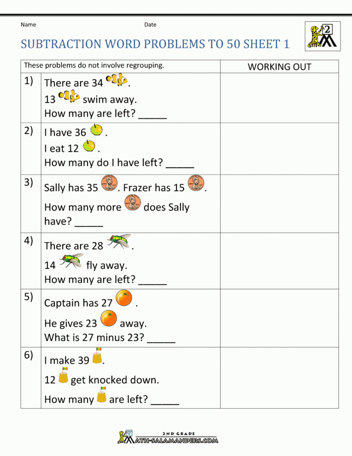 Colorful underwater scene featuring a Sea Creatures Word Problems worksheet aimed at third graders. Engaging multi-step subtraction and multiplication problems for young learners.
