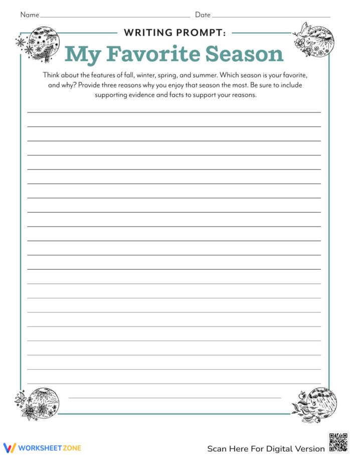 Children's writing prompt worksheet for expressing their favorite season