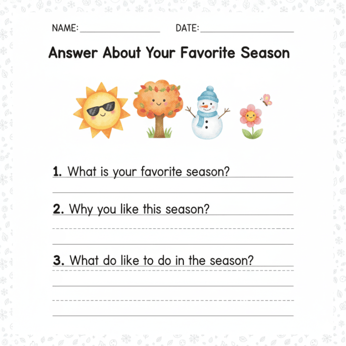 A colorful worksheet for third graders featuring a writing prompt about their favorite season. My Favorite Season opinion-writing activity for third grade students.