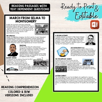 Third grade student worksheet featuring a historical summary and writing prompts about the Selma to Montgomery March.