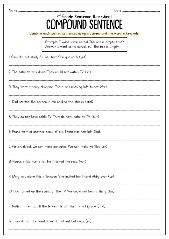 Young students engage in combining sentences in a fun worksheet for grammar practice. Worksheet for third graders focusing on sentence combination skills.