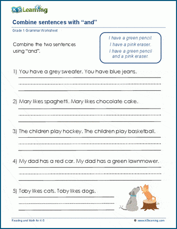 Young students engaged in a sentence combining exercise in a grammar worksheet. Get Crafty: Combining Sentences worksheet for third graders.