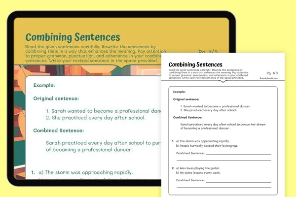 Young students engage in sentence combining exercises on the Get Crafty worksheet. Third-grade grammar practice focusing on merging sentences effectively.