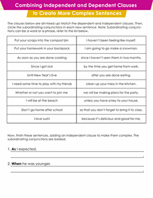Worksheet for third graders on combining independent and dependent clauses to enhance sentence structure