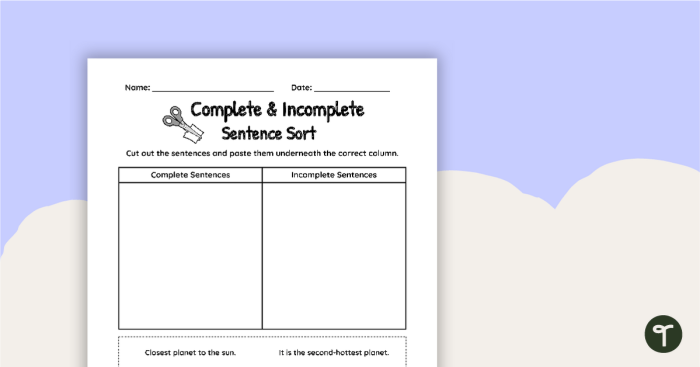 Sentence Correcting: Incomplete and Run-Ons practice sheet for young learners Worksheet for correcting incomplete and run-on sentences designed for third graders
