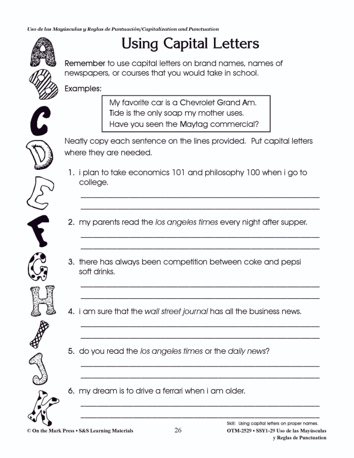 Third grade student worksheet with exercises for correcting and rewriting sentences to practice punctuation and capitalization skills