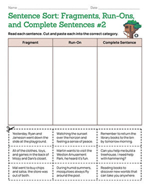Practice activity for identifying incomplete and run-on sentences Worksheet featuring sentence correcting exercises for third graders
