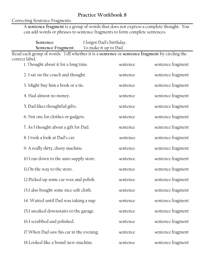 Sentence Correcting: Incomplete and Run-Ons Worksheet for Grade 3 Worksheet for third graders focusing on correcting incomplete and run-on sentences